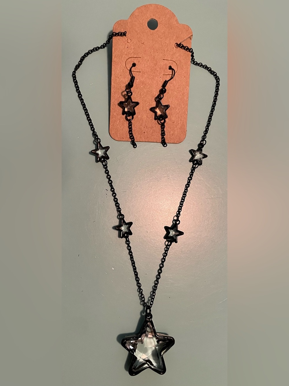 Stunning Black & Clear Crystal Star Pendant Necklace & Earring Set